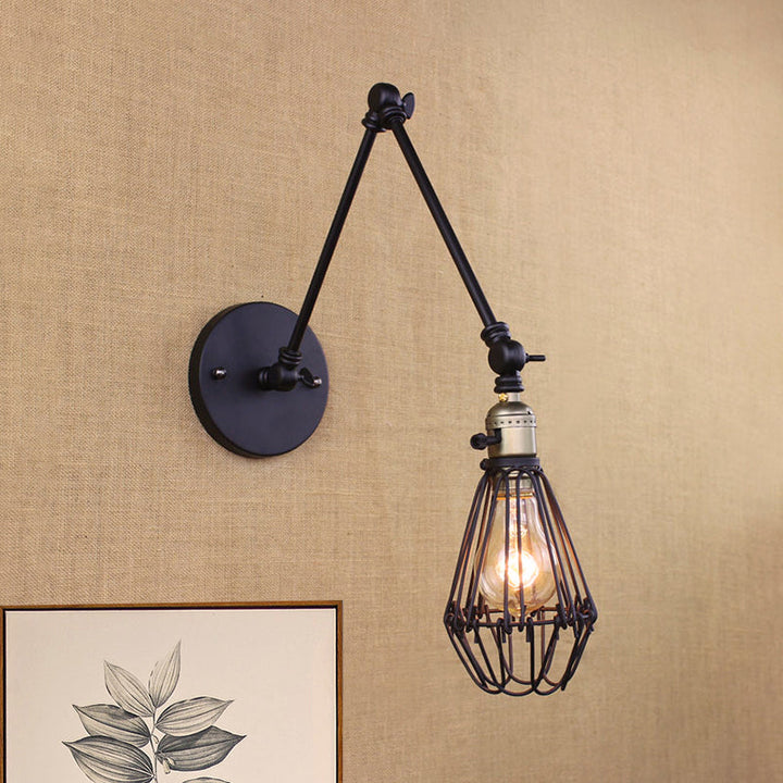 Skørter | Cast Iron Wire Cage Wall Mounted Light Farmhouse 1 Head Restaurant Arm Adjustable Wall Lamp in Bronze/Brass