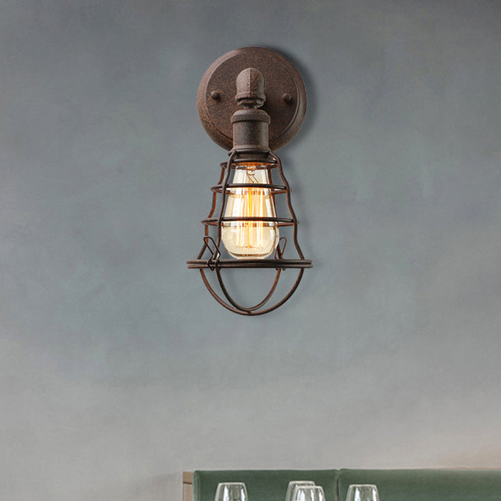 Lisslune | Wire Frame Iron Wall Lamp with Pipe Farmhouse 1 Head Dining Room Mini Wall Lamp in Rust