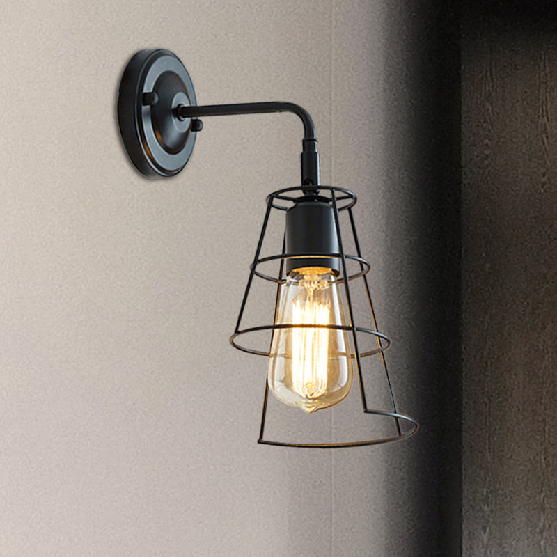 Lisslune | Vintage Style Conic Cage Wall Lamp with Curved Arm 1 Light Metal Wall Lamp in Black/White