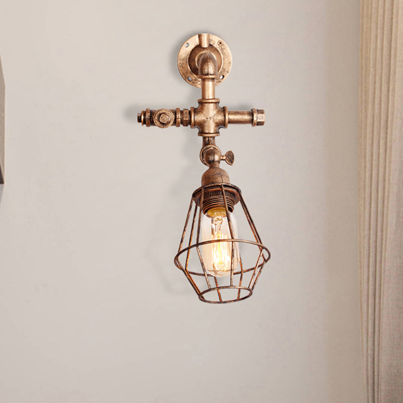 Lisslune | Diamond Cage Iron Wall Mount Light with Pipe Design Industrial Style 1 Bulb Bedroom Wall Lighting in Antique Brass/Silver