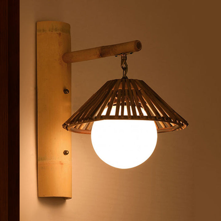 Skørter | Bamboo Conen Wall-Mount Light Asian Style 1-Light Brown Wall Lamp with White Glass Ball Shade