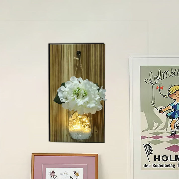 Skørter | White Flowers Wall String Lights Nordic Clear Glass Glass Jar Twinkle Light with Wooden Back Plate