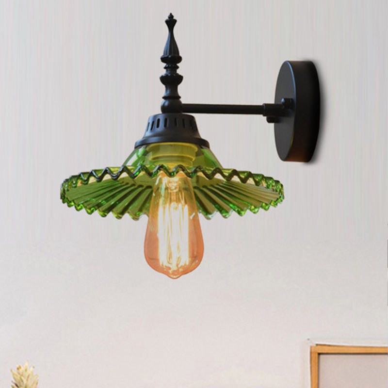 Lisslune | Clear/Green Glass Black Wall Light Cone/Wide Flare 1-Light Industrial Wall Lamp for Living Room