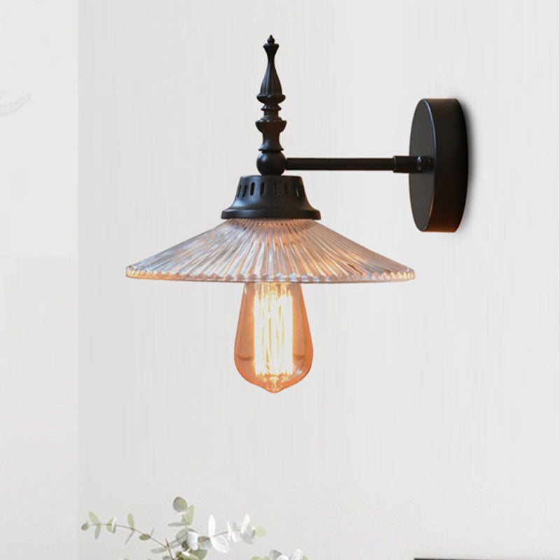 Lisslune | Clear/Green Glass Black Wall Light Cone/Wide Flare 1-Light Industrial Wall Lamp for Living Room