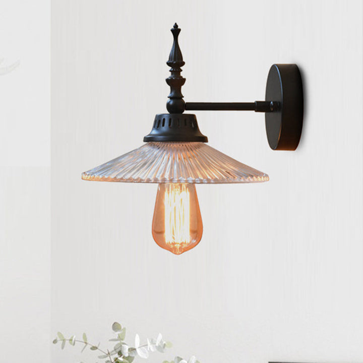 Lisslune | Clear/Green Glass Black Wall Light Cone/Wide Flare 1-Light Industrial Wall Lamp for Living Room