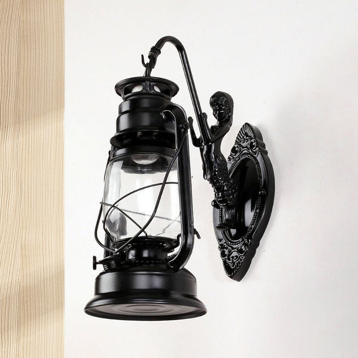Lisslune | One Bulb Wall Lamp with Lantern Shade Clear Glass Coast Bedroom Wall Lamp in Black/Antique Brass/Aged Copper with Mermaid