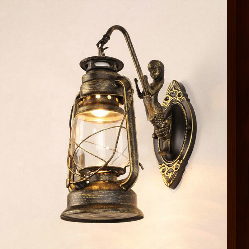 Lisslune | One Bulb Wall Lamp with Lantern Shade Clear Glass Coast Bedroom Wall Lamp in Black/Antique Brass/Aged Copper with Mermaid