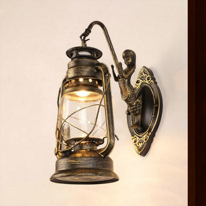 Lisslune | One Bulb Wall Lamp with Lantern Shade Clear Glass Coast Bedroom Wall Lamp in Black/Antique Brass/Aged Copper with Mermaid
