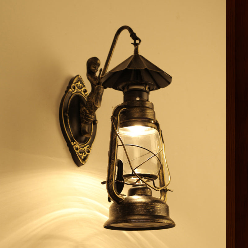 Lisslune | Kerosene Clear Glass Wall Lamp Coast Single Bulb Living Room Sconces Lamp in Black/Antique Brass