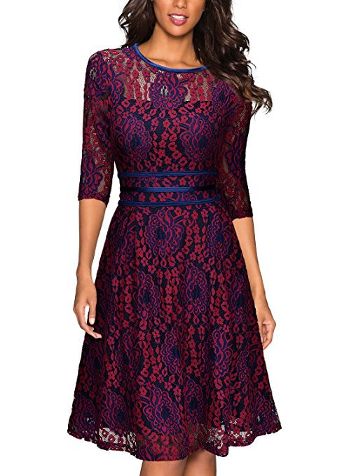 Ladies lace dress with elegant waist lacing and flared skirt