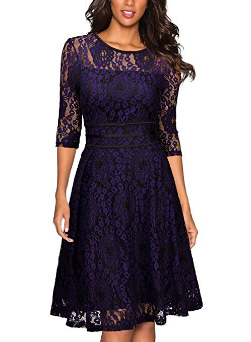 Ladies lace dress with elegant waist lacing and flared skirt