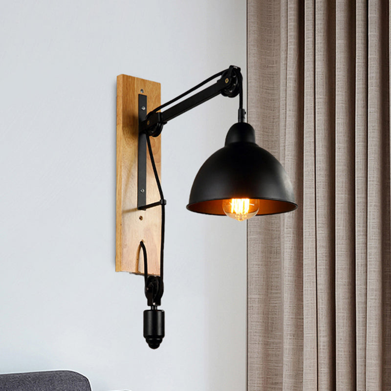 Lisslune | Curved Interior Wall Mount Light Industrial Metal 1 Head Black Wall Lamp with Beige/Brown Wood Backing and Pulley