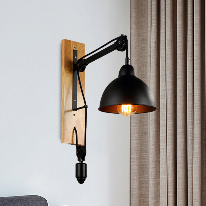 Lisslune | Curved Interior Wall Mount Light Industrial Metal 1 Head Black Wall Lamp with Beige/Brown Wood Backing and Pulley