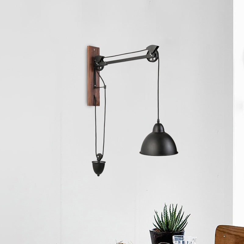 Lisslune | Curved Interior Wall Mount Light Industrial Metal 1 Head Black Wall Lamp with Beige/Brown Wood Backing and Pulley
