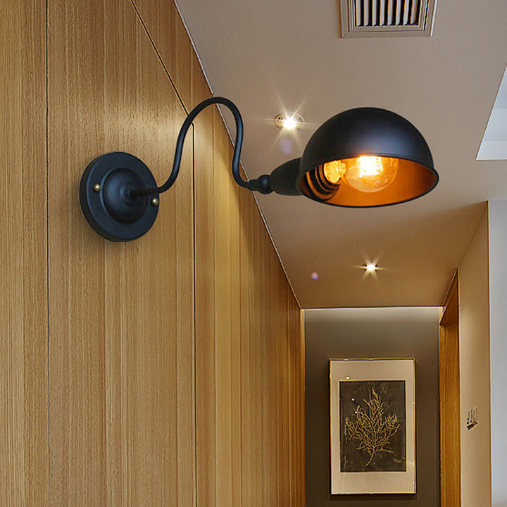 Lisslune | 1 head wall-mounted light loft style dome shade metal adjustable wall lamp in black for bedroom