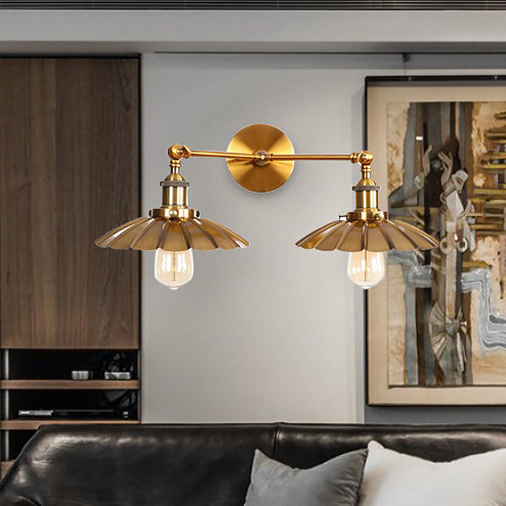 Lisslune | Antique Stylish Ribbed Edge Wall Lamp 2 Heads Metal Wall Mounted Light in Brass/Rust for Bedroom