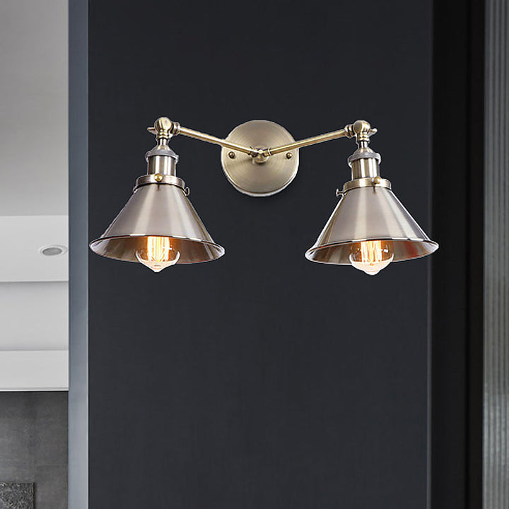 Lisslune | Tapered Umbrella Iron Wall Mount Light Industrial Vintage 2 Heads Farmhouse Wall Mount Light in Black/Brass