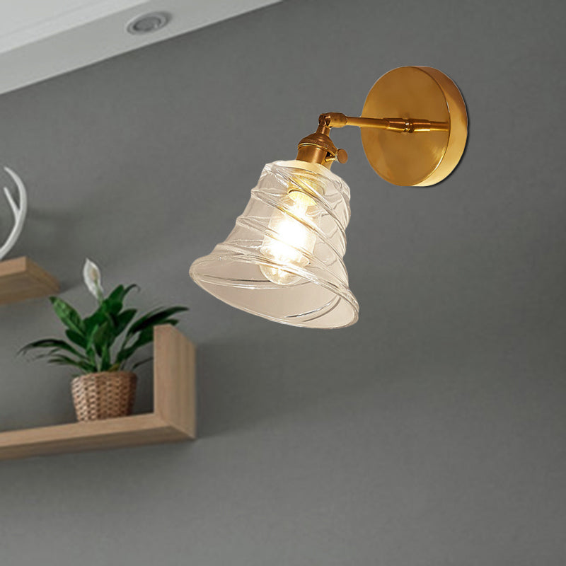 Lisslune | Flared Bedroom Wall Lighting Industrial Clear Swirl Glass 1 Light Brass Wall Lamp