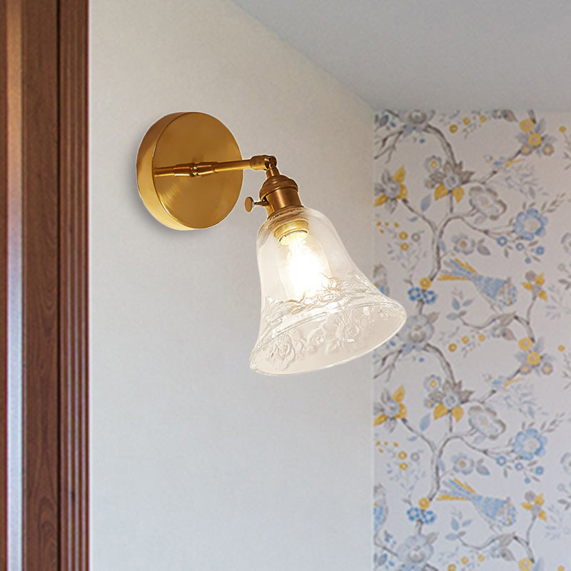 Lisslune | 1 Light Clear Glass Wall Scone Light Rustic Brass Bell Bedroom Lighting Fixture with Flower