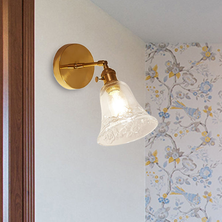 Lisslune | 1 Light Clear Glass Wall Scone Light Rustic Brass Bell Bedroom Lighting Fixture with Flower