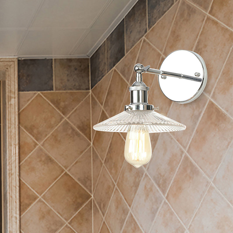 Lisslune | Cone-shaped clear prismatic glass wall lamp industrial single bulb bathroom sconce light in chrome