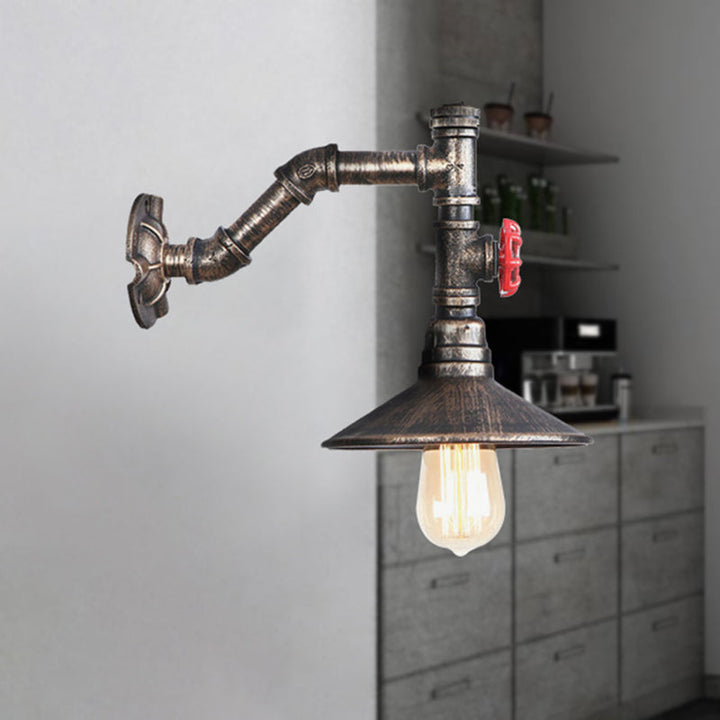 Lisslune | 1 bulb conical wall mount light rustic style antique bronze metal wall lighting with piping