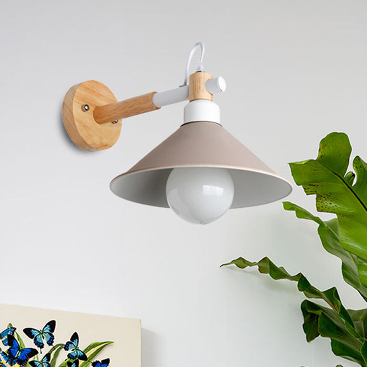 Lisslune | Nordic Stylish Cone Wall Lighting Fixture 1 Head Metallic Wall Lamp with Wooden Connection in Black/Grey for Hallway