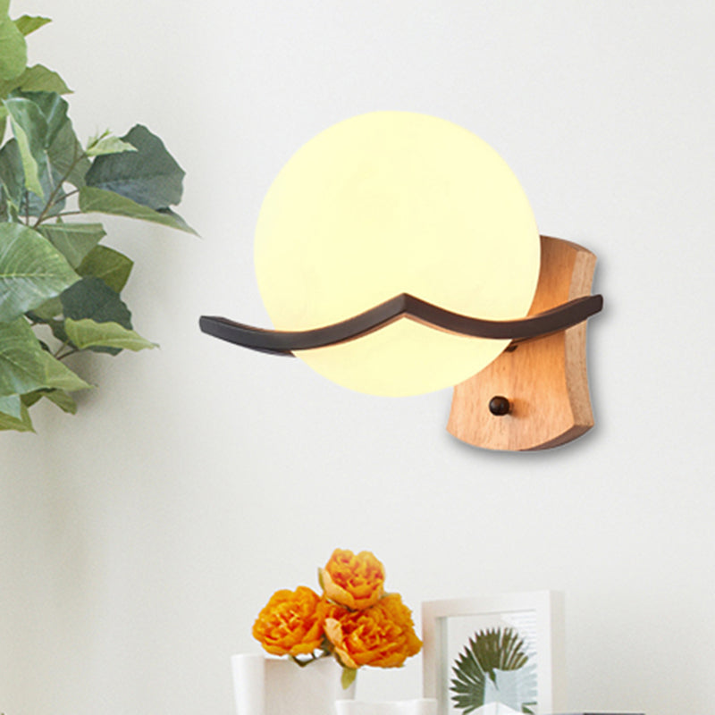 Lisslune | Opal Glass Globe Wall Lamp Nordic Single Lamp Living Room Lighting Fixture in Wood