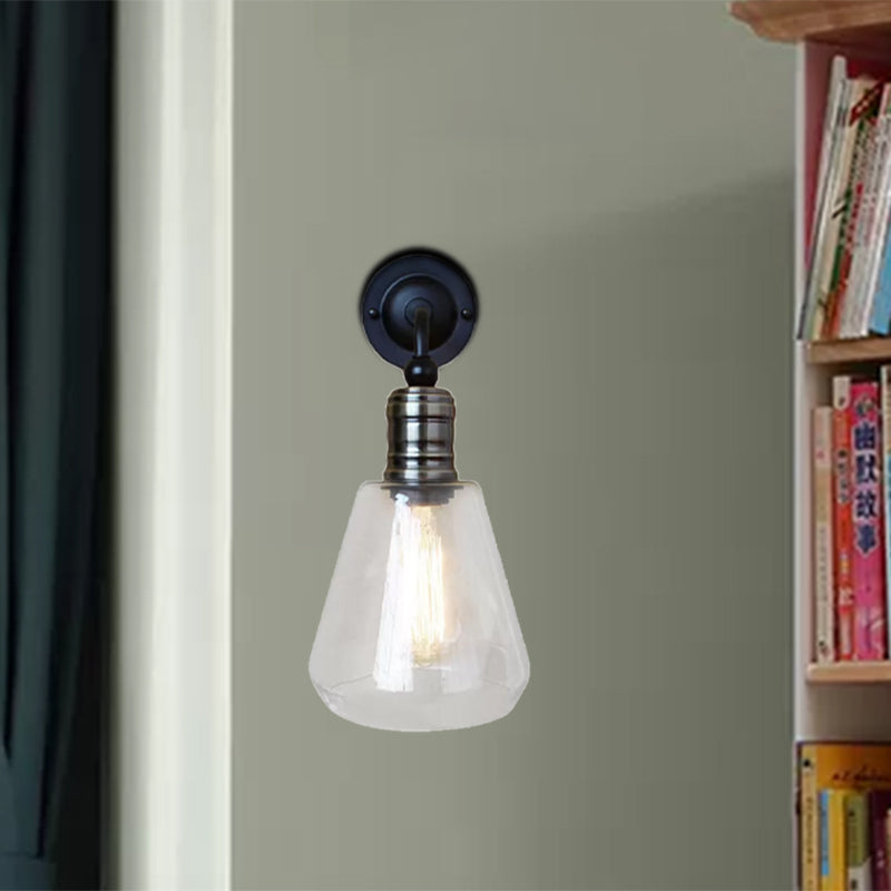 Lisslune | Rustic Style Tapered Shade Wall Lighting Fixture Single Gloss Clear Glass Wall Lamp in Black for Kitchen