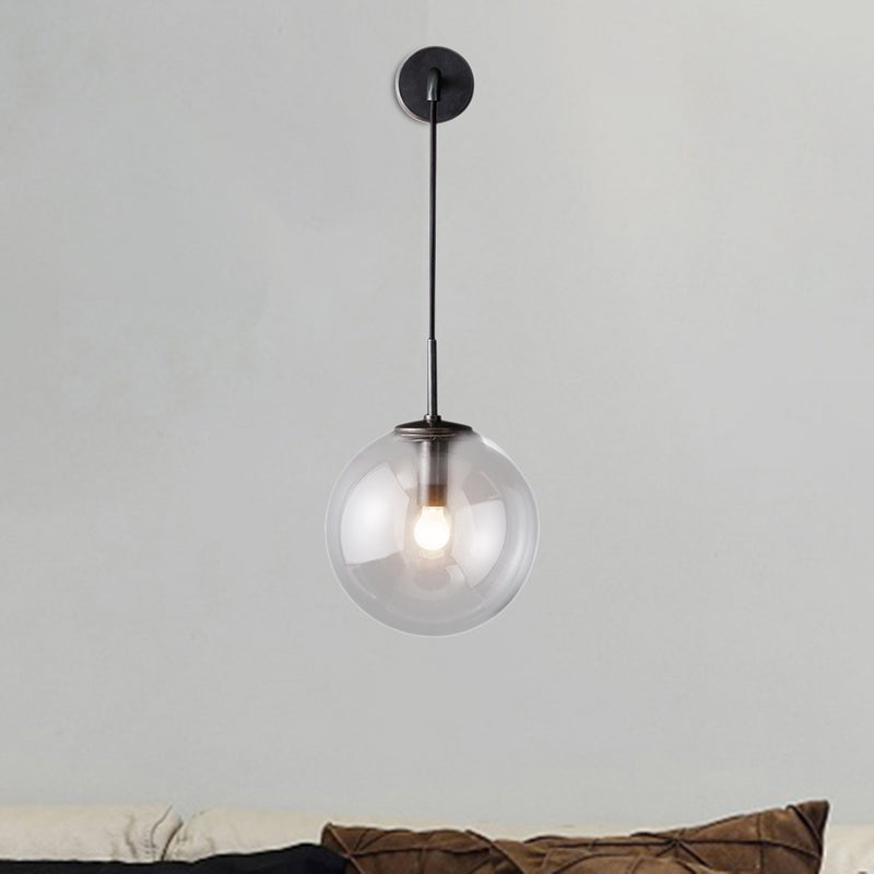 Lisslune | Round clear glass wall-mounted lamp industrial single bulb bedroom vanity wall light in chrome/brass/black, 6"/8" wide