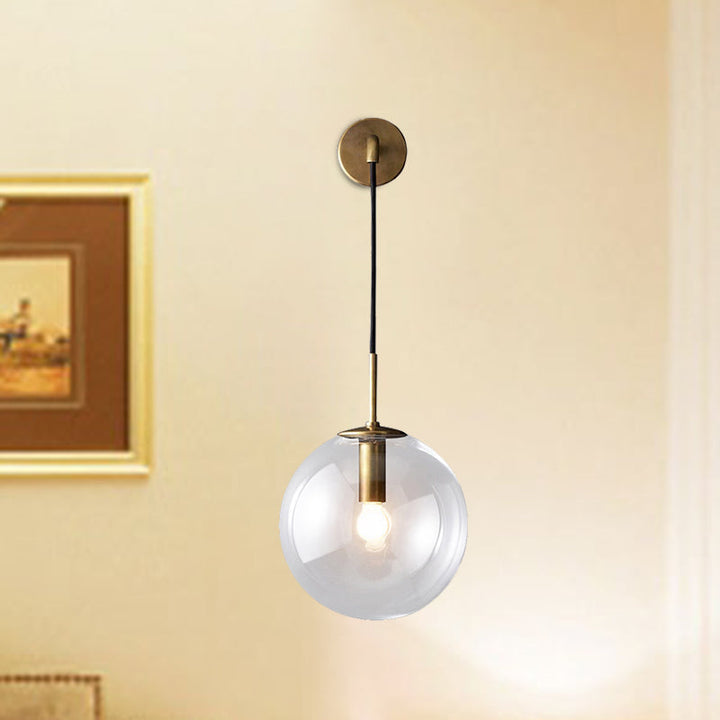Lisslune | Round clear glass wall-mounted lamp industrial single bulb bedroom vanity wall light in chrome/brass/black, 6"/8" wide