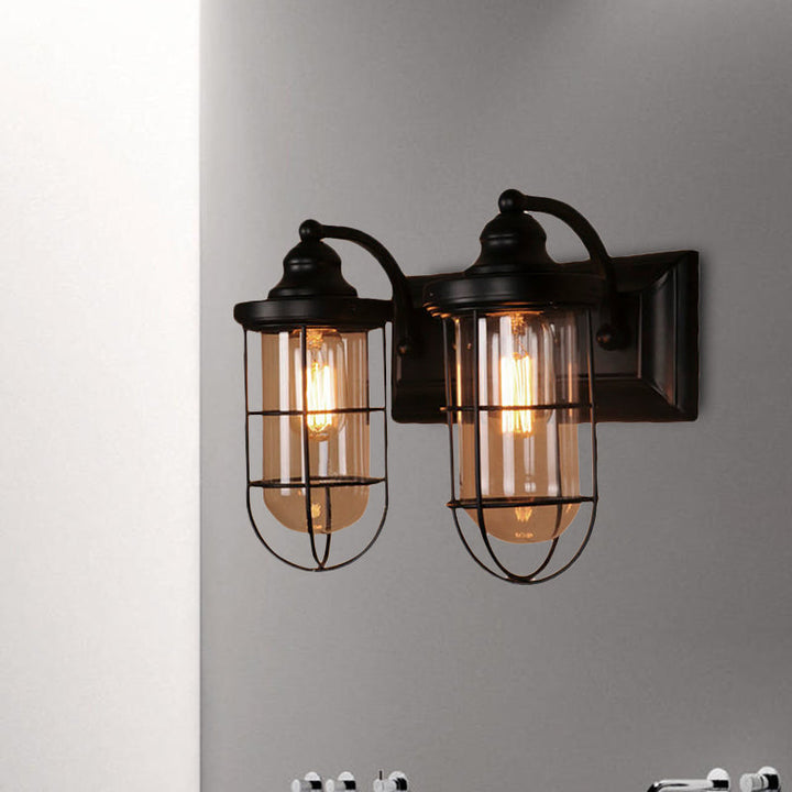 Lisslune | Industrial wire cage wall lighting 1/2-lamp clear glass wall lamp in black for stairs.