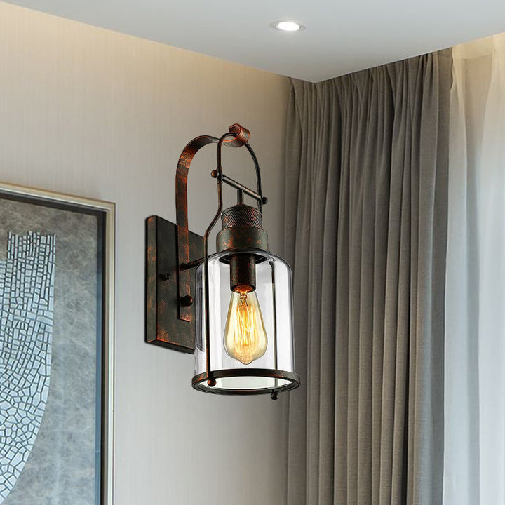 Lisslune | Cylinder clear glass wall-mounted lamp industrial single bulb living room wall sconce in black/white/rust with cage
