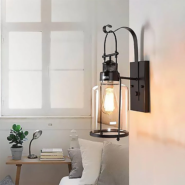 Lisslune | Cylinder clear glass wall-mounted lamp industrial single bulb living room wall sconce in black/white/rust with cage