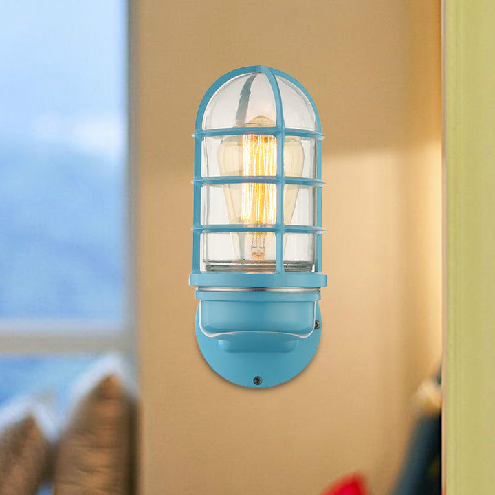 Lisslune | Cylinder Clear Glass Wall Mounted Lamp Industrial Single Bulb Living Room Wall Light in Pink/Blue/Green with Cage