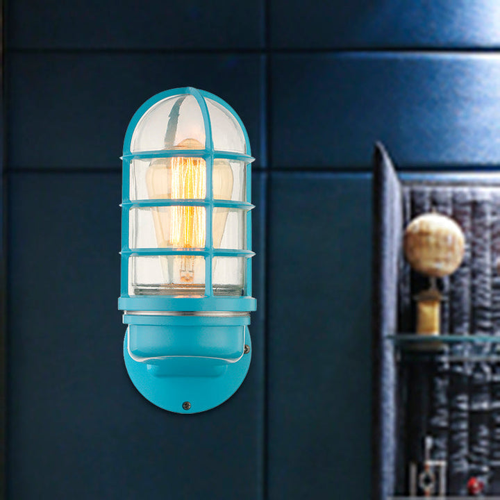 Lisslune | Cylinder Clear Glass Wall Mounted Lamp Industrial Single Bulb Living Room Wall Light in Pink/Blue/Green with Cage