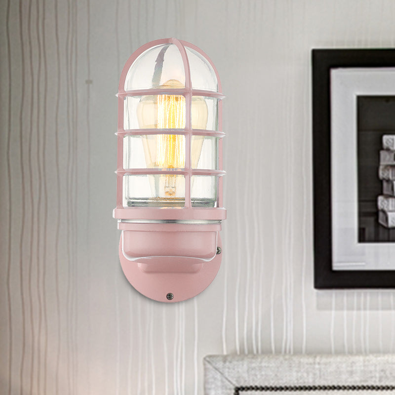 Lisslune | Cylinder Clear Glass Wall Mounted Lamp Industrial Single Bulb Living Room Wall Light in Pink/Blue/Green with Cage