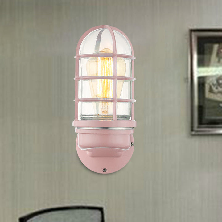 Lisslune | Cylinder Clear Glass Wall Mounted Lamp Industrial Single Bulb Living Room Wall Light in Pink/Blue/Green with Cage