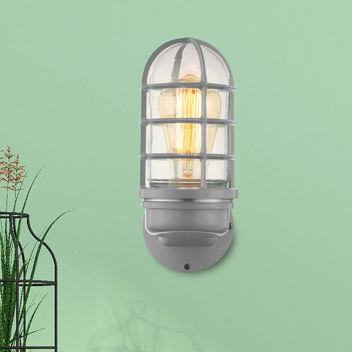 Lisslune | Cylinder Clear Glass Wall Mounted Lamp Industrial Single Bulb Living Room Wall Light in Pink/Blue/Green with Cage