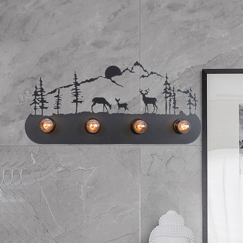 Skørter | Lodge Open Bulb Wall Lamp with Elk/Horse/Sheep/Mountain/Windmill/Tree Design 4 Light Metal Wall Lamp in Black for Indoor