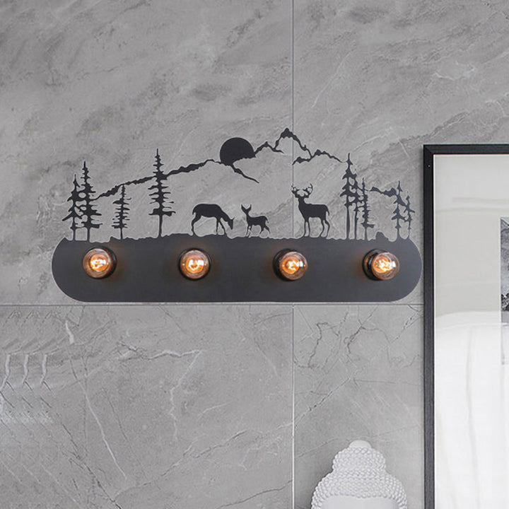 Skørter | Lodge Open Bulb Wall Lamp with Elk/Horse/Sheep/Mountain/Windmill/Tree Design 4 Light Metal Wall Lamp in Black for Indoor