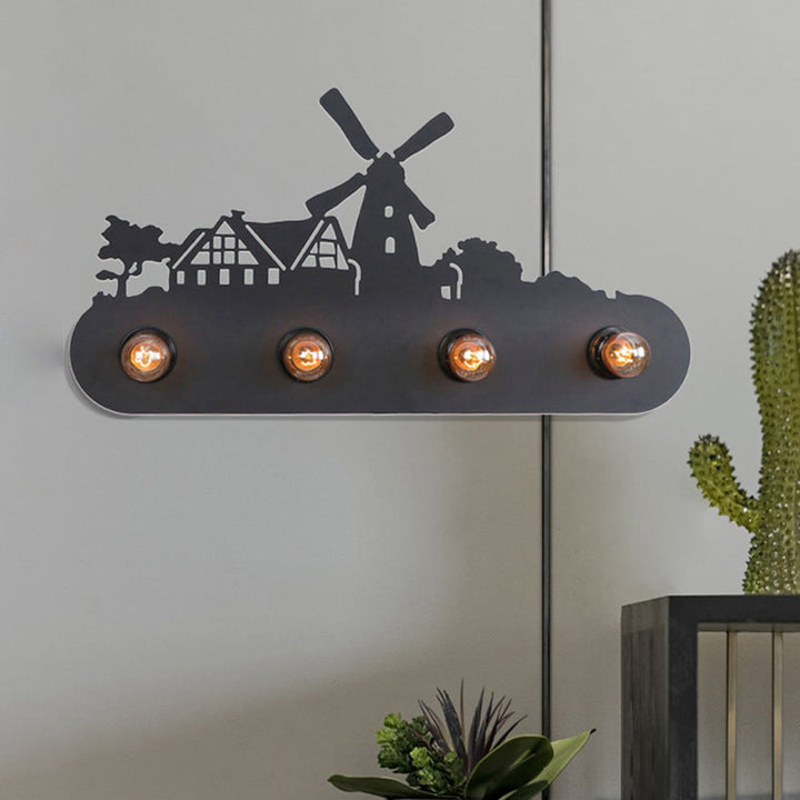 Skørter | Lodge Open Bulb Wall Lamp with Elk/Horse/Sheep/Mountain/Windmill/Tree Design 4 Light Metal Wall Lamp in Black for Indoor