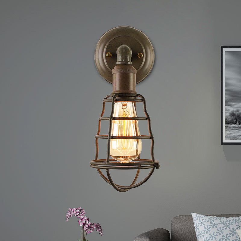 Lisslune | Rust Finish Mini Wall Lamp with Cage Shade Antique Style Iron 1 Light Farmhouse Wall Mount Lighting