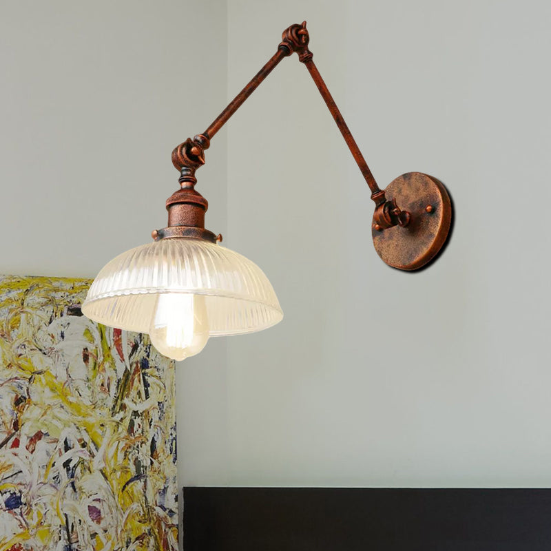 Lisslune | 1 Light Ribbed Glass Wall Lamp Light Industrial Antique Brass/Black/Rust Dome Living Room Lighting Fixture with Swing Arm