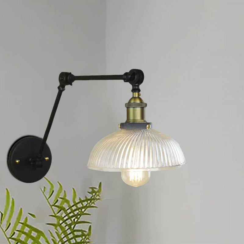 Lisslune | 1 Light Ribbed Glass Wall Lamp Light Industrial Antique Brass/Black/Rust Dome Living Room Lighting Fixture with Swing Arm