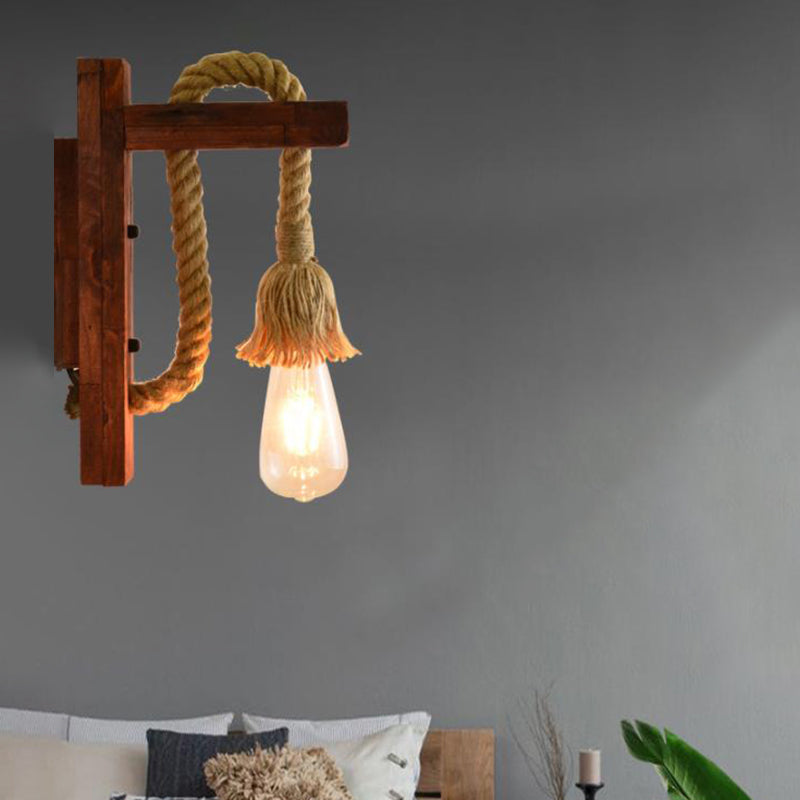 Lisslune | Rope Exposed Bulb Sconce Lighting Coastal 1 Light Living Room Wall Lamp in Red/Brown/Wood