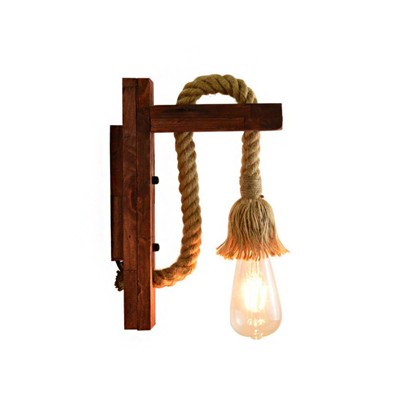 Lisslune | Rope Exposed Bulb Sconce Lighting Coastal 1 Light Living Room Wall Lamp in Red/Brown/Wood