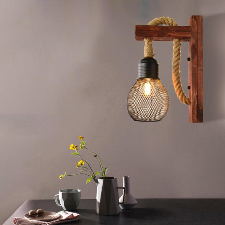 Lisslune | Rope Exposed Bulb Sconce Lighting Coastal 1 Light Living Room Wall Lamp in Red/Brown/Wood