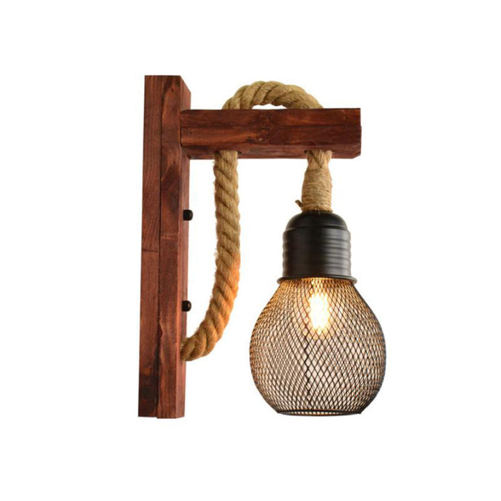 Lisslune | Rope Exposed Bulb Sconce Lighting Coastal 1 Light Living Room Wall Lamp in Red/Brown/Wood