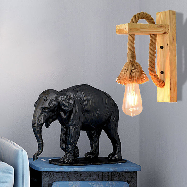 Lisslune | Rope Exposed Bulb Sconce Lighting Coastal 1 Light Living Room Wall Lamp in Red/Brown/Wood